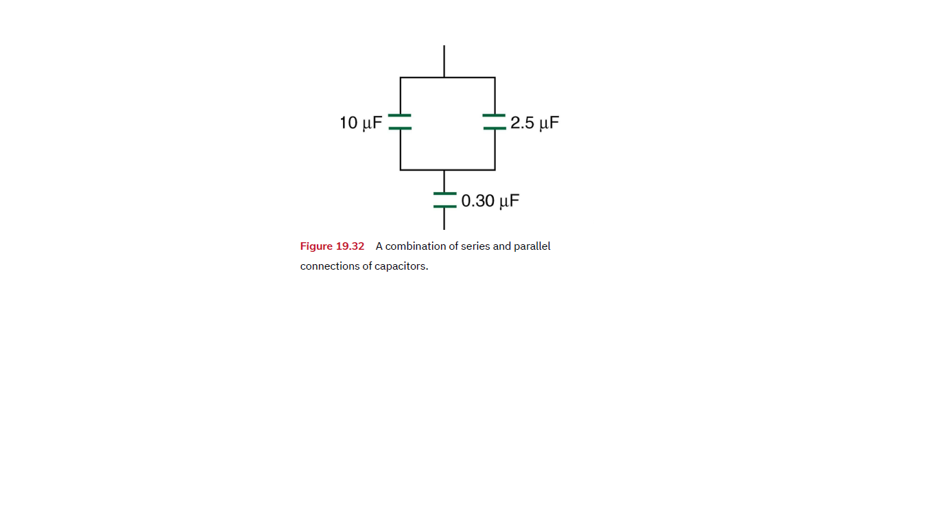 10 μF)
,2.5 μF
0.30 µF
Figure 19.32 A combination of series and parallel
connections of capacitors.
