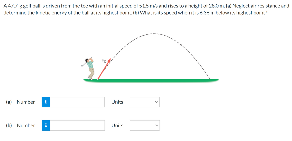 A 47.7-g golf ball is driven from the tee with an initial speed of 51.5 m/s and rises to a height of 28.0 m. (a) Neglect air resistance and
determine the kinetic energy of the ball at its highest point. (b) What is its speed when it is 6.36 m below its highest point?
(a) Number i
(b) Number i
Units
Units
<