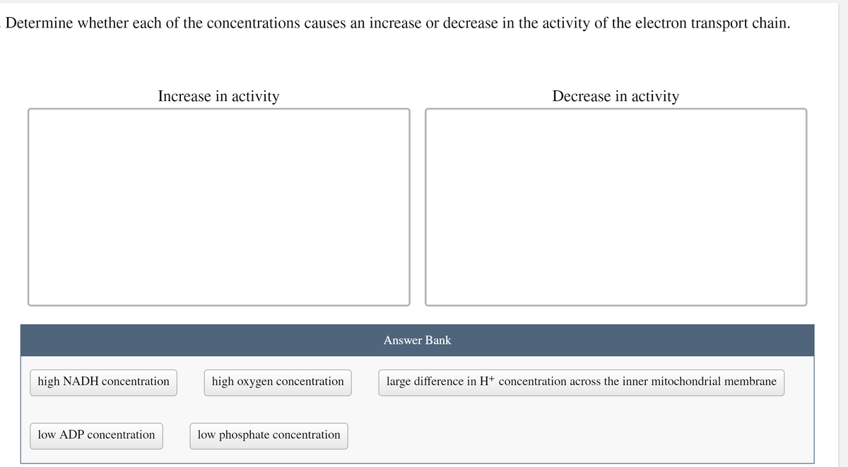 Determine whether each of the concentrations causes an increase or decrease in the activity of the electron transport chain.
Increase in activity
high NADH concentration
low ADP concentration
high oxygen concentration
low phosphate concentration
Answer Bank
Decrease in activity
large difference in H+ concentration across the inner mitochondrial membrane