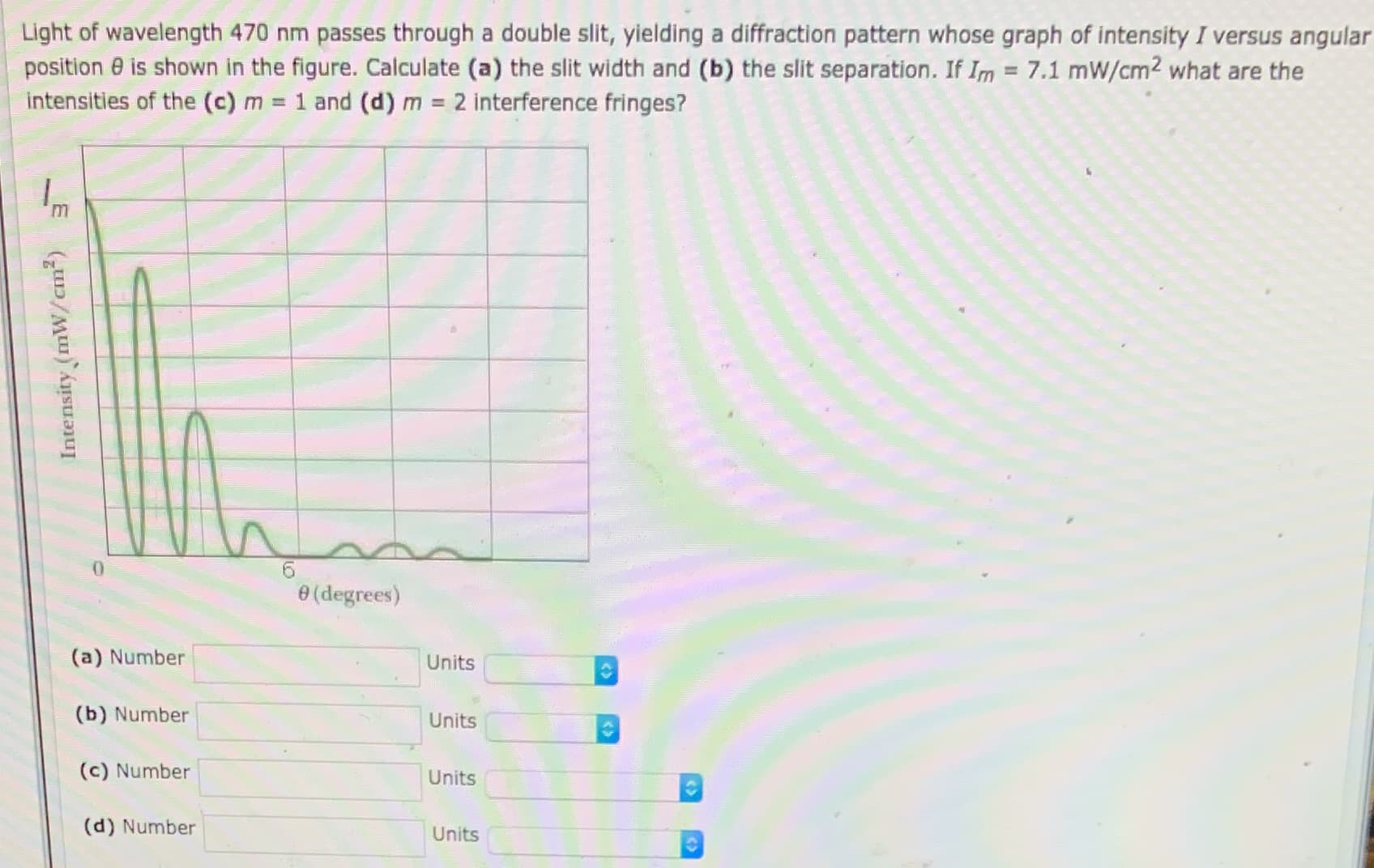 Light of wavelength 470 nm passes through a double slit, yielding a diffraction pattern whose graph of intensity I versus angular
position 0 is shown in the figure. Calculate (a) the slit width and (b) the slit separation. If Im = 7.1 mW/cm2 what are the
intensities of the (c) m
%3D
= 1 and (d) m = 2 interference fringes?
m,
9.
0 (degrees)
(a) Number
Units
(b) Number
Units
(c) Number
Units
(d) Number
Units
Intensity (mW/cm²)
