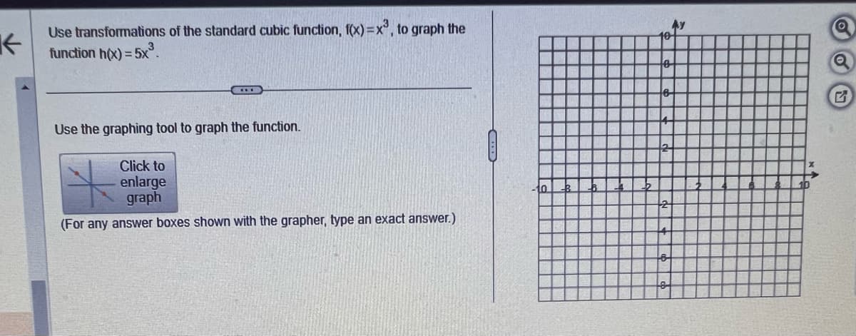 K
Use transformations of the standard cubic function, f(x)=x3, to graph the
function h(x) = 5x³.
Use the graphing tool to graph the function.
Click to
enlarge
graph
(For any answer boxes shown with the grapher, type an exact answer.)