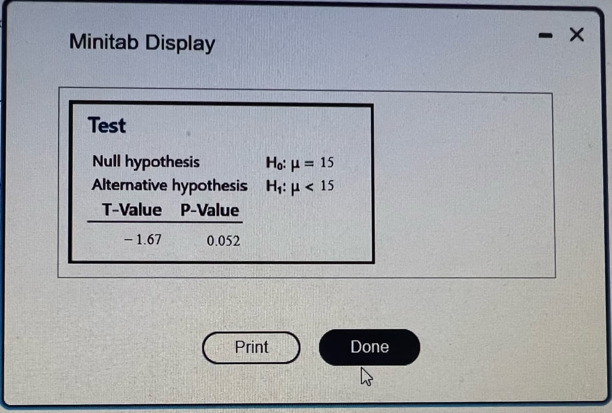 Minitab Display
Test
Ho: μ = 15
Null hypothesis
Alternative hypothesis H₁: μ< 15
T-Value P-Value
- 1.67
0.052
Print
Done
4
- X