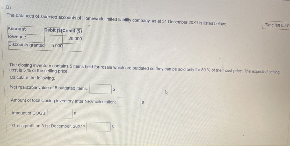 B)
The balances of selected accounts of Homework limited liability company, as at 31 December 20X1 is listed below:
Account
Revenue
Debit ($)Credit ($)
20 000
Discounts granted
5 000
Time left 0:57:
The closing inventory contains 5 items held for resale which are outdated so they can be sold only for 80% of their cost price. The expected selling
cost is 5% of the selling price.
Calculate the following:
Net realizable value of 5 outdated items:
$
Amount of total closing inventory after NRV calculation:
Amount of COGS:
$
Gross profit on 31st December, 20X1?
$
$