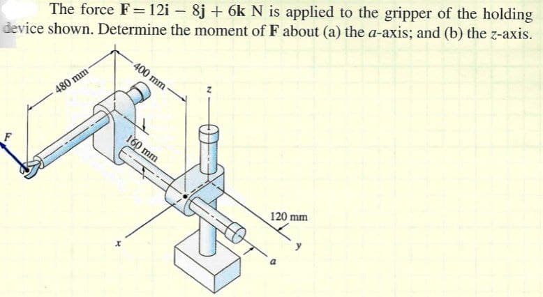 The force F=12i - 8j+ 6k N is applied to the gripper of the holding
device shown. Determine the moment of F about (a) the a-axis; and (b) the z-axis.
F
480 mm
400 mm-
160 mm
120 mm
