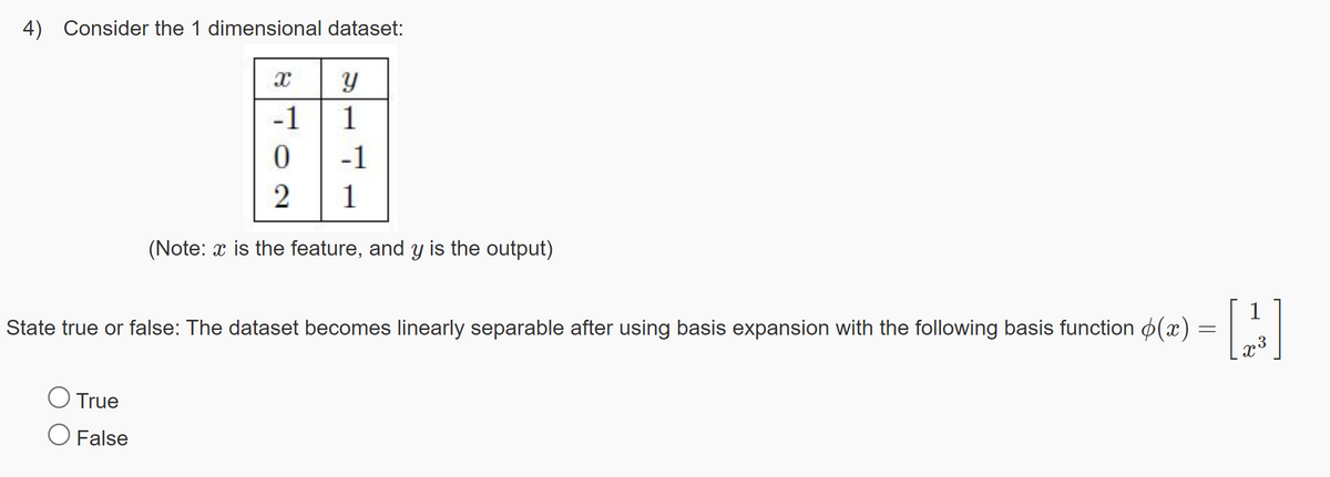 4) Consider the 1 dimensional dataset:
X
Y
-1
1
0
-1
2
1
(Note: x is the feature, and y is the output)
State true or false: The dataset becomes linearly separable after using basis expansion with the following basis function (x)
O True
O False
=
1
H