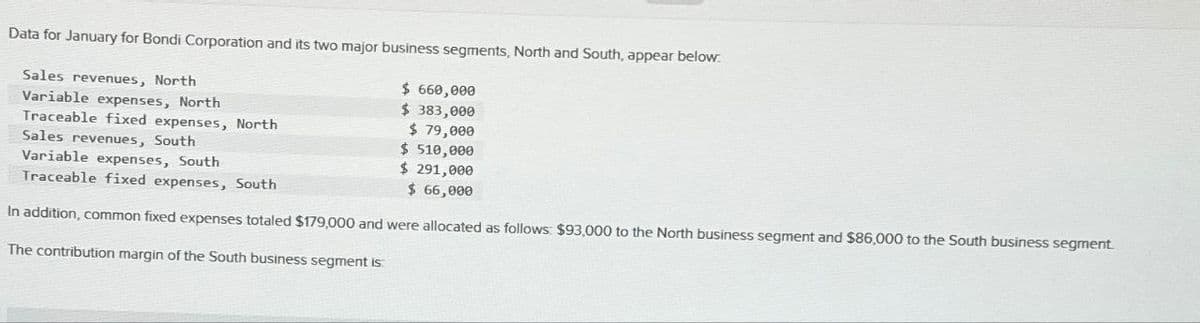 Data for January for Bondi Corporation and its two major business segments, North and South, appear below.
Sales revenues, North
Variable expenses, North
Traceable fixed expenses, North
Sales revenues, South
Variable expenses, South
Traceable fixed expenses, South
$ 660,000
$ 383,000
$ 79,000
$ 510,000
$291,000
$ 66,000
In addition, common fixed expenses totaled $179,000 and were allocated as follows: $93,000 to the North business segment and $86,000 to the South business segment.
The contribution margin of the South business segment is
