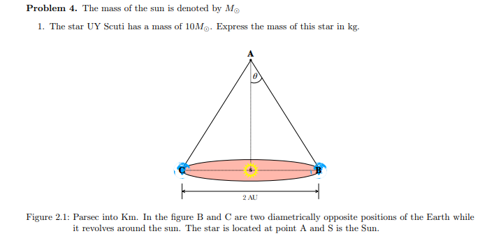 Problem 4. The mass of the sun is denoted by Mo
1. The star UY Scuti has a mass of 10M. Express the mass of this star in kg.
2 AU
Figure 2.1: Parsec into Km. In the figure B and C are two diametrically opposite positions of the Earth while
it revolves around the sun. The star is located at point A and S is the Sun.