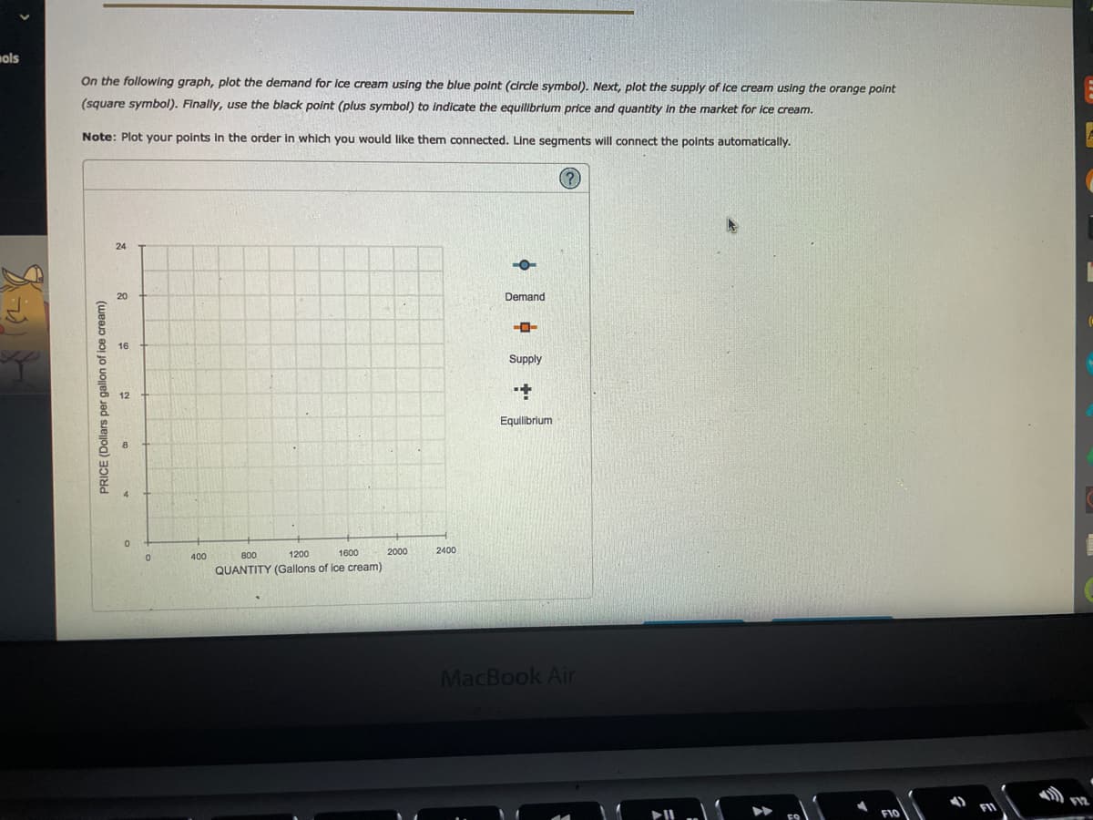 ols
On the following graph, plot the demand for ice cream using the blue polnt (circle symbol). Next, plot the supply of ice cream using the orange point
(square symbol). Finally, use the black point (plus symnbol) to indicate the equilibrium price and quantity In the market for ice cream.
Note: Plot your points in the order in which you would like them connected. Line segments will connect the points automatically.
(?
24
20
Demand
16
Supply
800
1200
1600
2000
2400
400
QUANTITY (Gallons of ice cream)
MacBook Air
PRICE (Dollars per gallon of ice cream)
