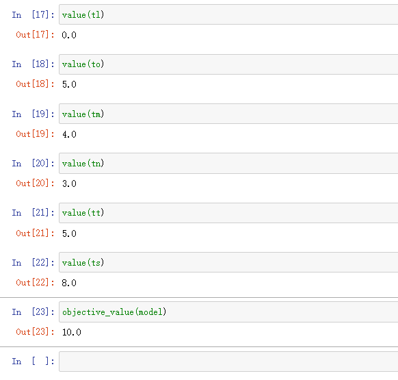 In [17] value (tl)
Out [17]: 0.0
In [18] value (to)
Out [18] 5.0
:
In [19]
Out [19]
value (tm)
4.0
In [20] value (tn)
Out [20]: 3.0
In [21] value (tt)
Out [21]: 5.0
In [22] value (ts)
Out [22]: 8.0
In [23] objective_value (model)
Out [23] 10.0
In [ ]: