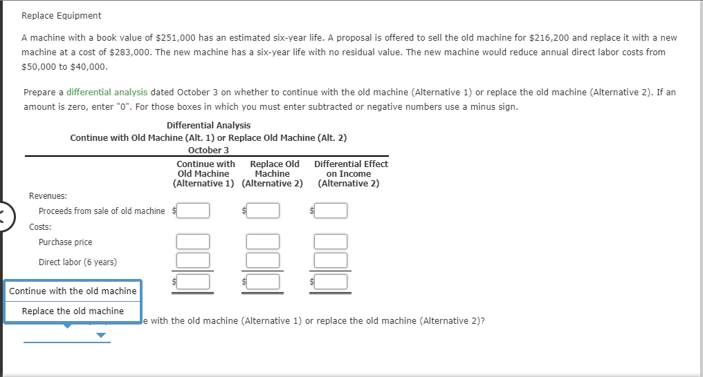 Replace Equipment
A machine with a book value of $251,000 has an estimated six-year life. A proposal is offered to sell the old machine for $216,200 and replace it with a new
machine at a cost of $283,00o. The new machine has a six-year life with no residual value. The new machine would reduce annual direct labor costs from
$50,000 to $40,000.
Prepare a differential analysis dated October 3 on whether to continue with the old machine (Alternative 1) or replace the old machine (Alternative 2). If an
amount is zero, enter "O". For those boxes in which you must enter subtracted or negative numbers use a minus sign.
Differential Analysis
Continue with Old Machine (Alt. 1) or Replace Old Machine (Alt. 2)
October 3
Differential Effect
on Income
(Alternative 2)
Continue with
Old Machine
(Alternative 1) (Alternative 2)
Replace Old
Machine
Revenues:
Proceeds from sale of old machine
Costs:
Purchase price
Direct labor (6 years)
$
Continue with the old machine
Replace the old machine
with the old machine (Alternative 1) or replace the old machine (Alternative 2)?
