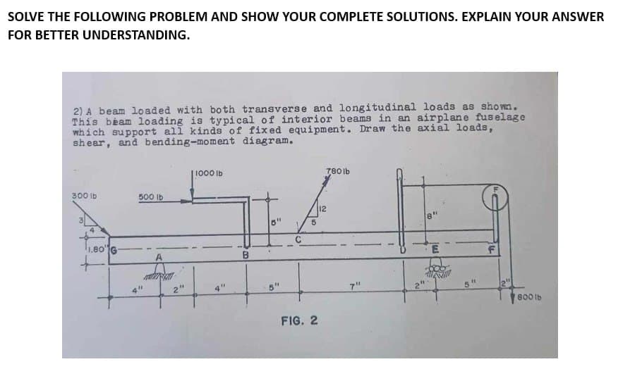 SOLVE THE FOLLOWING PROBLEM AND SHOW YOUR COMPLETE SOLUTIONS. EXPLAIN YOUR ANSWER
FOR BETTER UNDERSTANDING.
2) A beam loaded with both transverse and longitudinal loads as shown.
This beam loading is typical of interior beams in an airplane fuselage
which support all kinds of fixed equipment. Draw the axial loads,
shear, and bending-moment diagram.
300 lb
1.80G-
500 lb
2"
1000 lb
B
5"
5
FIG. 2
780lb
12
7"
8"
800 lb