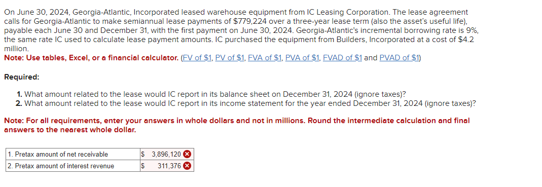 On June 30, 2024, Georgia-Atlantic, Incorporated leased warehouse equipment from IC Leasing Corporation. The lease agreement
calls for Georgia-Atlantic to make semiannual lease payments of $779,224 over a three-year lease term (also the asset's useful life),
payable each June 30 and December 31, with the first payment on June 30, 2024. Georgia-Atlantic's incremental borrowing rate is 9%,
the same rate IC used to calculate lease payment amounts. IC purchased the equipment from Builders, Incorporated at a cost of $4.2
million.
Note: Use tables, Excel, or a financial calculator. (FV of $1, PV of $1, FVA of $1, PVA of $1, FVAD of $1 and PVAD of $1)
Required:
1. What amount related to the lease would IC report in its balance sheet on December 31, 2024 (ignore taxes)?
2. What amount related to the lease would IC report in its income statement for the year ended December 31, 2024 (ignore taxes)?
Note: For all requirements, enter your answers in whole dollars and not in millions. Round the intermediate calculation and final
answers to the nearest whole dollar.
1. Pretax amount of net receivable
2. Pretax amount of interest revenue
$3,896,120 X
$ 311,376