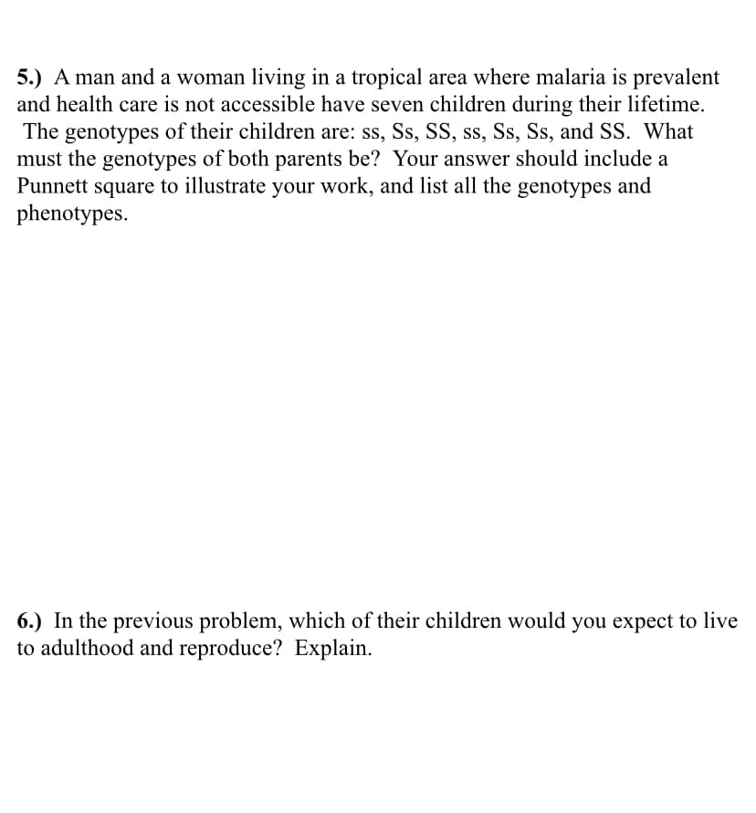 5.) A man and a woman living in a tropical area where malaria is prevalent
and health care is not accessible have seven children during their lifetime.
The genotypes of their children are: ss, Ss, SS, ss, Ss, Ss, and SS. What
must the genotypes of both parents be? Your answer should include a
Punnett square to illustrate your work, and list all the genotypes and
phenotypes.
6.) In the previous problem, which of their children would you expect to live
to adulthood and reproduce? Explain.
