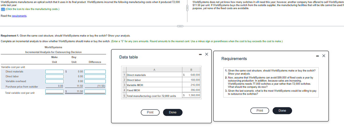 WorldSystems manufactures an optical switch that it uses in its final product. WorldSystems incurred the following manufacturing costs when it produced 72,000
units last year:
WorldSystems does not yet know how many switches it will need this year; however, another company has offered to sell WorldSystems
$11.50 per unit. If WorldSystems buys the switch from the outside supplier, the manufacturing facilities that will be idle cannot be used fe
purpose, yet none of the fixed costs are avoidable.
E (Click the icon to view the manufacturing costs.)
Read the reguirements.
Requirement 1. Given the same cost structure, should WorldSystems make or buy the switch? Show your analysis.
Complete an incremental analysis to show whether WorldSystems should make or buy the switch. (Enter a "0" for any zero amounts. Round amounts to the nearest cent. Use a minus sign or parentheses when the cost to buy exceeds the cost to make.)
World Systems
Incremental Analysis for Outsourcing Decision
- X
Make
Buy
Data table
- X
Requirements
Unit
Unit
Difference
Variable cost per unit:
A
B
1. Given the same cost structure, should WorldSystems make or buy the switch?
Show your analysis.
Direct materials
$
0.00
1 Direct materials
648,000
Direct labor
0.00
2. Now, assume that WorldSystems can avoid $99,000 of fixed costs a year by
outsourcing production. In addition, because sales are increasing,
WorldSystems needs 77,000 switches a year rather than 72,000 switches.
What should the company do now?
3. Given the last scenario, what is the most WorldSystems would be willing to pay
2 Direct labor
108.000
Variable overhead
0.00
3 Variable MOH
216,000
Purchase price from outsider
0.00
11.50
(11.50)
4 Fixed MOH
396,000
11.50
Total variable cost per unit
to outsource the switches?
5 Total manufacturing cost for 72,000 units
S 1,368,000
Print
Done
Print
Done
