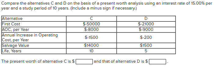 Compare the alternatives C and D on the basis of a present worth analysis using an interest rate of 15.00% per
year and a study period of 10 years. (Include a minus sign if necessary.)
Alternative
First Cost
AOC, per Year
Annual Increase in Operating
Cost, per Year
Salvage Value
Life, Years
The present worth of alternative C is $
с
$-50000
$-8000
$-1500
$14000
10
$-21000
$-9000
$-200
$1500
5
and that of alternative D is $