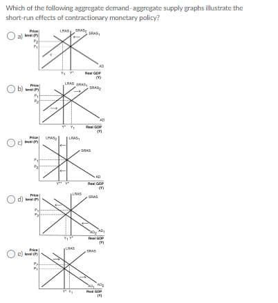 Which of the following aggregate demand-aggregate supply graphs ilustrate the
short-run effects of contractionary monetary policy?
Ua s
Price
O a) e
AD
Re GOP
Pre
b)
LRAS SRA
SRAS
Real GoP
Prie UA
c) e
LAAS
SRAS
Ree GOP
LAS
SRAS
d) e
Real GOP
Price
e) ke(
LNAS
