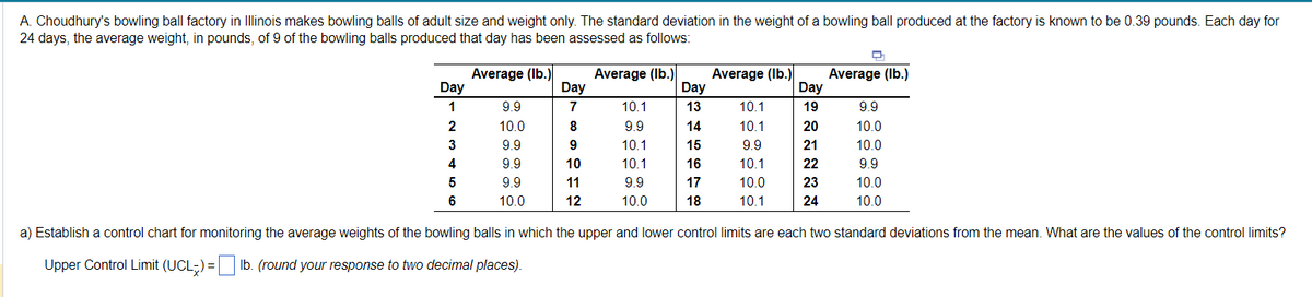 A. Choudhury's bowling ball factory in Illinois makes bowling balls of adult size and weight only. The standard deviation in the weight of a bowling ball produced at the factory is known to be 0.39 pounds. Each day for
24 days, the average weight, in pounds, of 9 of the bowling balls produced that day has been assessed as follows:
Average (lb.)
Average (lb.) Average (lb.)
9.9
10.0
9.9
10.1
9.9
10.1
10.1
9.9
10.1
10.1
9.9
10.1
10.0
9.9
9.9
10.0
10.0
10.1
Day
1
2
3
4
5
6
Day
7
8
9
10
11
12
Day
13
14
15
16
17
18
Day
19
20
21
22
23
24
Q
Average (lb.)
9.9
10.0
10.0
9.9
10.0
10.0
a) Establish a control chart for monitoring the average weights of the bowling balls in which the upper and lower control limits are each two standard deviations from the mean. What are the values of the control limits?
Upper Control Limit (UCL) = lb. (round your response to two decimal places).