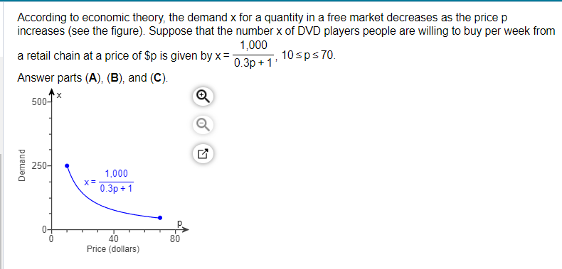 Demand
According to economic theory, the demand x for a quantity in a free market decreases as the price p
increases (see the figure). Suppose that the number x of DVD players people are willing to buy per week from
a retail chain at a price of $p is given by x=
1,000
0.3p+1'
10 ≤ p ≤ 70.
Answer parts (A), (B), and (C).
X
500-
250-
x=
1,000
0.3p+1
40
Price (dollars)
80