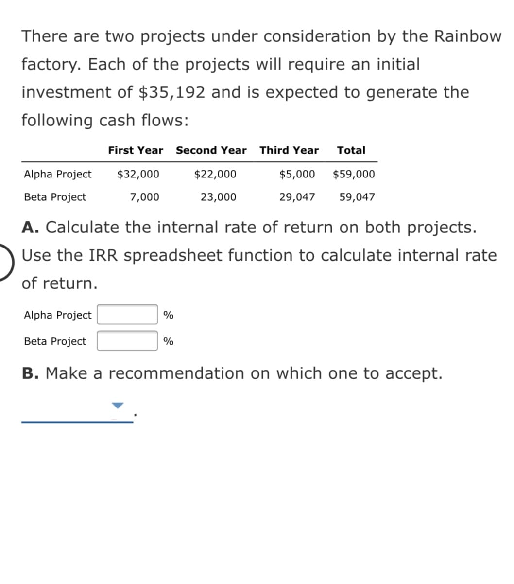 There are two projects under consideration by the Rainbow
factory. Each of the projects will require an initial
investment of $35,192 and is expected to generate the
following cash flows:
First Year
Second Year Third Year
Total
Alpha Project
$32,000
$22,000
$5,000
$59,000
Beta Project
7,000
23,000
29,047
59,047
A. Calculate the internal rate of return on both projects.
Use the IRR spreadsheet function to calculate internal rate
of return.
Alpha Project
%
Beta Project
%
B. Make a recommendation on which one to accept.
