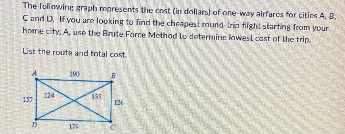 The following graph represents the cost (in dollars) of one-way airfares for cities A, B,
C and D. If you are looking to find the cheapest round-trip flight starting from your
home city, A, use the Brute Force Method to determine lowest cost of the trip.
List the route and total cost.
124
157
190
B
D
179
155
126