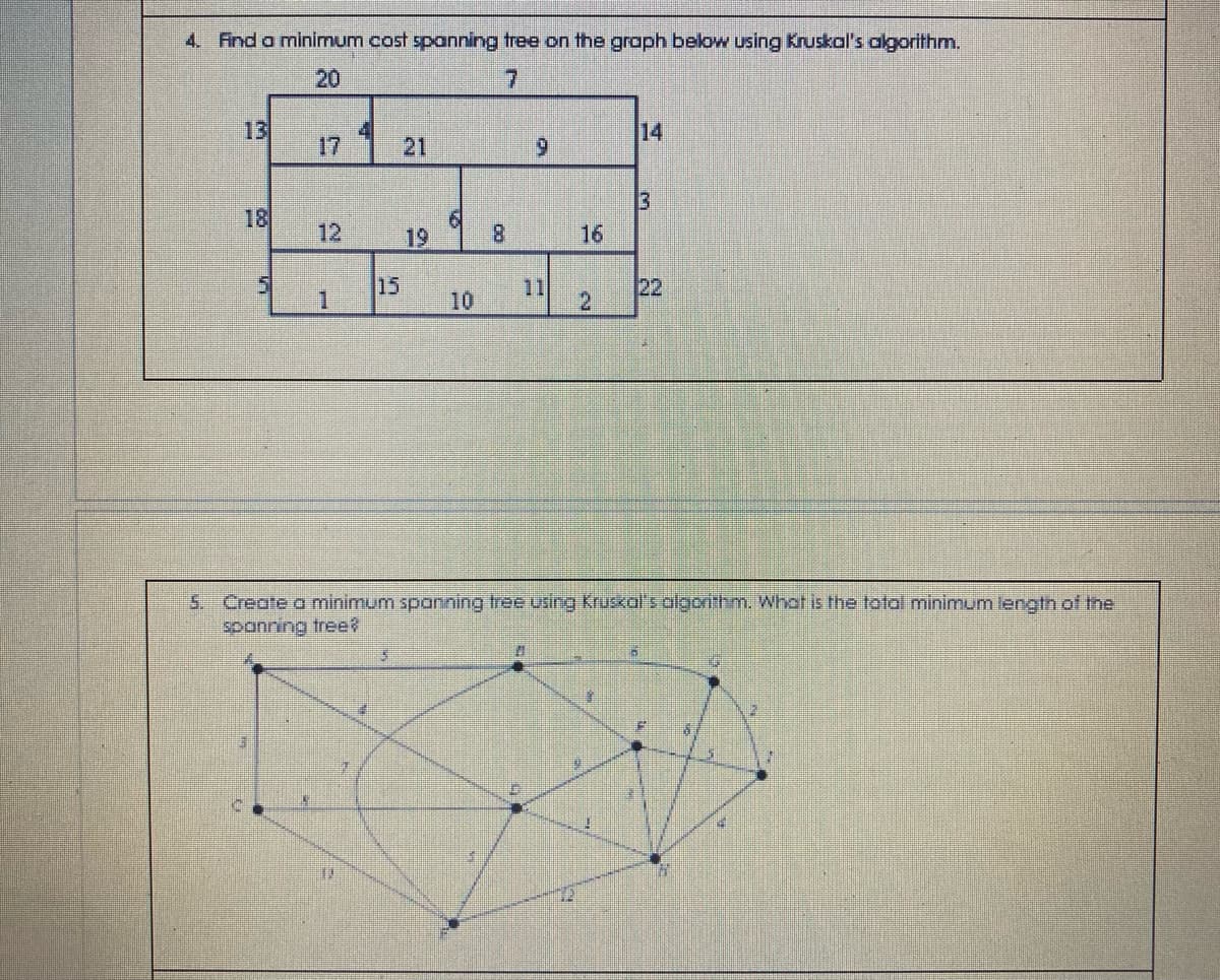 4. Find a minimum cost spanning tree on the graph below using Kruskal's algorithm.
20
7
13
14
17
21
9
3
18
12
19
8
16
15
11
22
1
10
2
Create a minimum spanning tree using Kruskal's algorithm. What is the total minimum length of the
spanning tree?