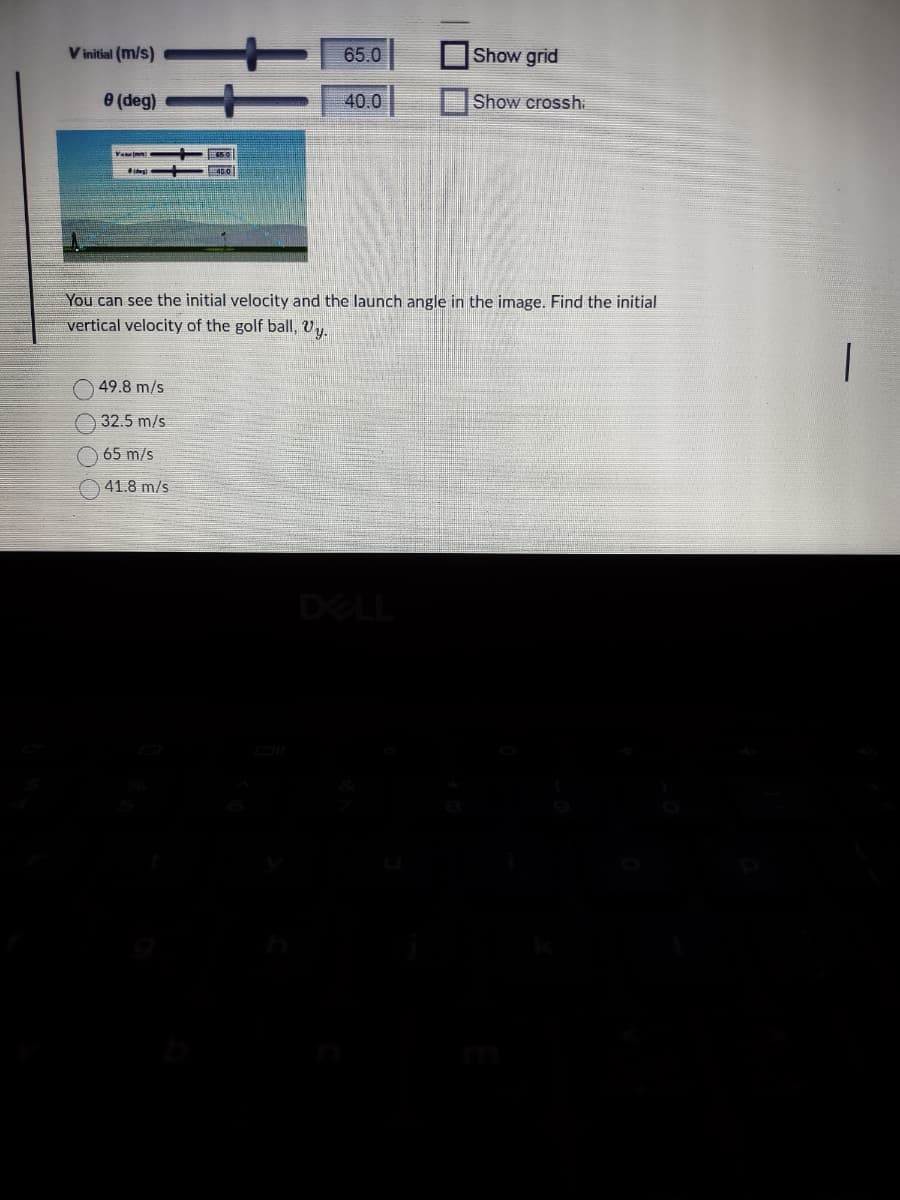 Vinitial (m/s)
0 (deg)
(dog)
65.0
49.8 m/s
32.5 m/s
65 m/s
41.8 m/s
40.0
Show grid
Show crosshi
You can see the initial velocity and the launch angle in the image. Find the initial
vertical velocity of the golf ball, Vy.
1