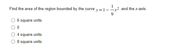 Find the area of the region bounded by the curve y=1--x² and the x-axis.
9
6 square units
4 square units
8 square units
