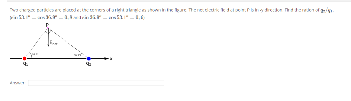 Two charged particles are placed at the corners of a right triangle as shown in the figure. The net electric field at point P is in -y direction. Find the ration of q2/91.
(sin 53.1° = cos 36.9° = 0,8 and sin 36.9° = cos 53.1° = 0, 6)
ĮEnet
36.9
53.1°
92
q1
Answer:
