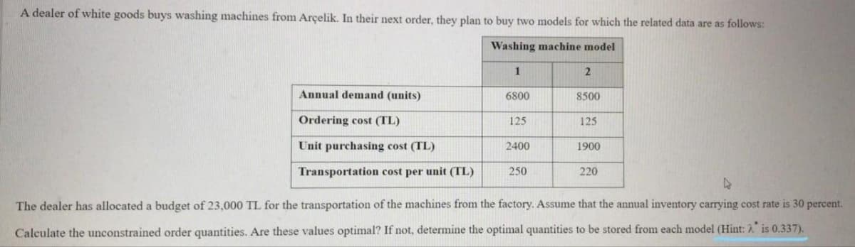 A dealer of white goods buys washing machines from Arçelik. In their next order, they plan to buy two models for which the related data are as follows:
Washing machine model
Annual demand (units)
6800
8500
Ordering cost (TL)
125
125
Unit purchasing cost (TL)
2400
1900
Transportation cost per unit (TL)
250
220
The dealer has allocated a budget of 23,000 TL for the transportation of the machines from the factory. Assume that the annual inventory carrying cost rate is 30 percent.
Calculate the unconstrained order quantities. Are these values optimal? If not, determine the optimal quantities to be stored from each model (Hint: 2 is 0.337).
