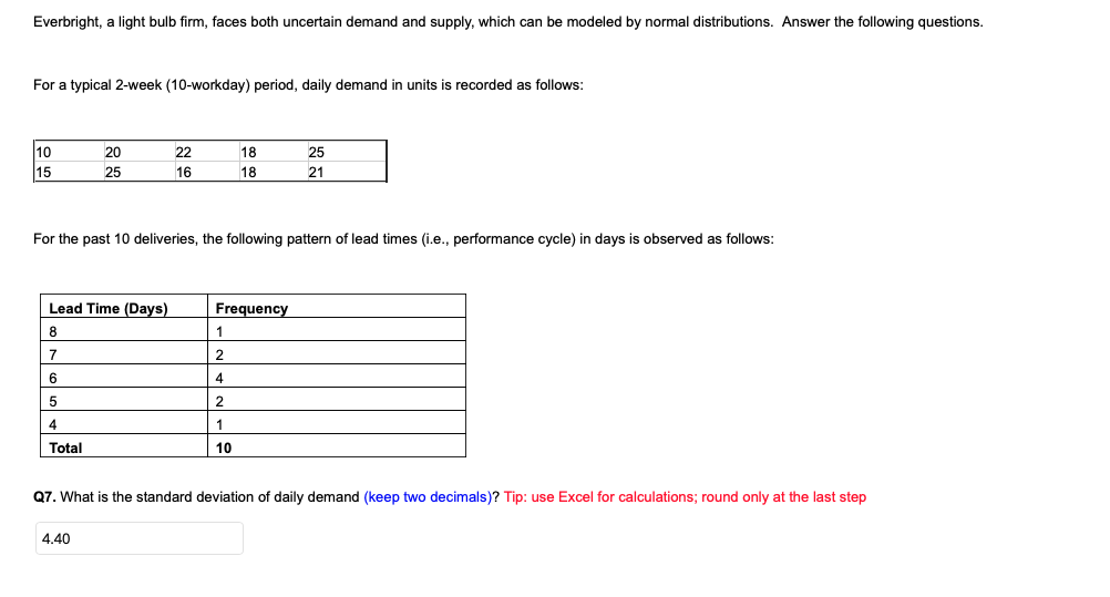 Everbright, a light bulb firm, faces both uncertain demand and supply, which can be modeled by normal distributions. Answer the following questions.
For a typical 2-week (10-workday) period, daily demand in units is recorded as follows:
10
15
20
22
18
25
25
16
18
21
For the past 10 deliveries, the following pattern of lead times (i.e., performance cycle) in days is observed as follows:
Lead Time (Days)
Frequency
8
1
7
2
6
4
5
2
4
Total
10
Q7. What is the standard deviation of daily demand (keep two decimals)? Tip: use Excel for calculations; round only at the last step
4.40
