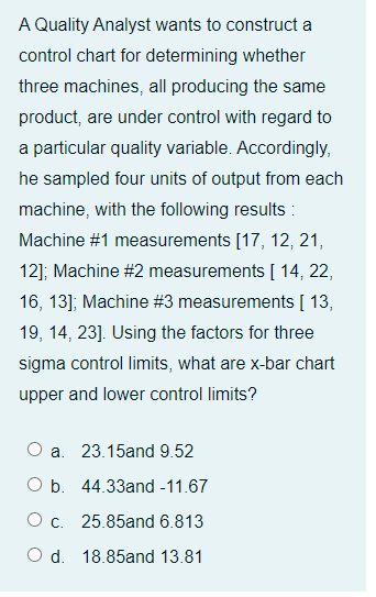 A Quality Analyst wants to construct a
control chart for determining whether
three machines, all producing the same
product, are under control with regard to
a particular quality variable. Accordingly,
he sampled four units of output from each
machine, with the following results :
Machine #1 measurements [17, 12, 21,
12]; Machine #2 measurements [ 14, 22,
16, 13]; Machine #3 measurements [ 13,
19, 14, 23]. Using the factors for three
sigma control limits, what are x-bar chart
upper and lower control limits?
O a. 23.15and 9.52
O b. 44.33and -11.67
Oc. 25.85and 6.813
O d. 18.85and 13.81
