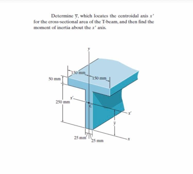 Determine y, which locates the centroidal axis x'
for the cross-sectional area of the T-beam, and then find the
moment of inertia about the x' axis.
50 mm
250 mm
150 mm
25 mm
150 mm
25 mm