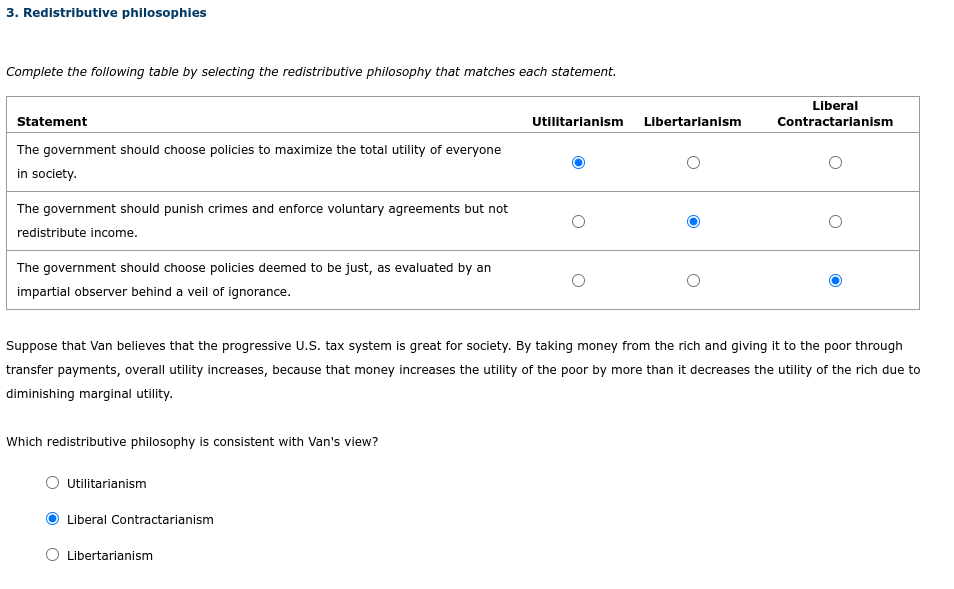 3. Redistributive philosophies
Complete the following table by selecting the redistributive philosophy that matches each statement.
Statement
The government should choose policies to maximize the total utility of everyone
in society.
The government should punish crimes and enforce voluntary agreements but not
redistribute income.
The government should choose policies deemed to be just, as evaluated by an
impartial observer behind a veil of ignorance.
Which redistributive philosophy is consistent with Van's view?
Utilitarianism
Suppose that Van believes that the progressive U.S. tax system is great for society. By taking money from the rich and giving it to the poor through
transfer payments, overall utility increases, because that money increases the utility of the poor by more than it decreases the utility of the rich due to
diminishing marginal utility.
Liberal Contractarianism
Utilitarianism
O Libertarianism
Libertarianism
Liberal
Contractarianism