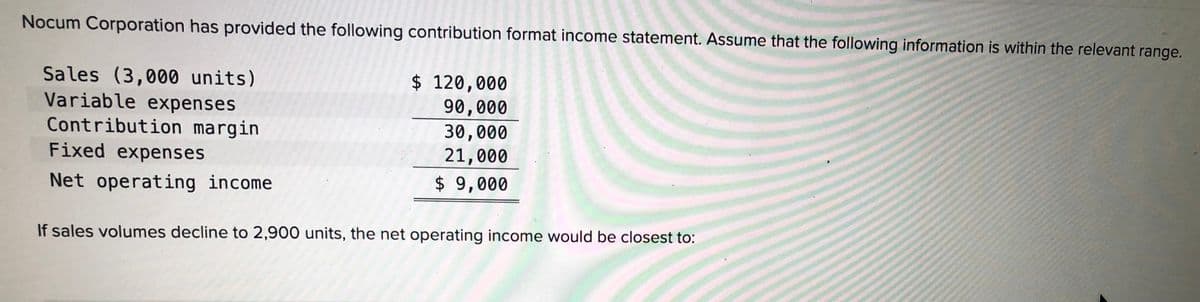 Nocum Corporation has provided the following contribution format income statement. Assume that the following information is within the relevant range.
Sales (3,000 units)
Variable expenses
Contribution margin
Fixed expenses
$ 120,000
90,000
30,000
21,000
$ 9,000
Net operating income
If sales volumes decline to 2,900 units, the net operating income would be closest to:
