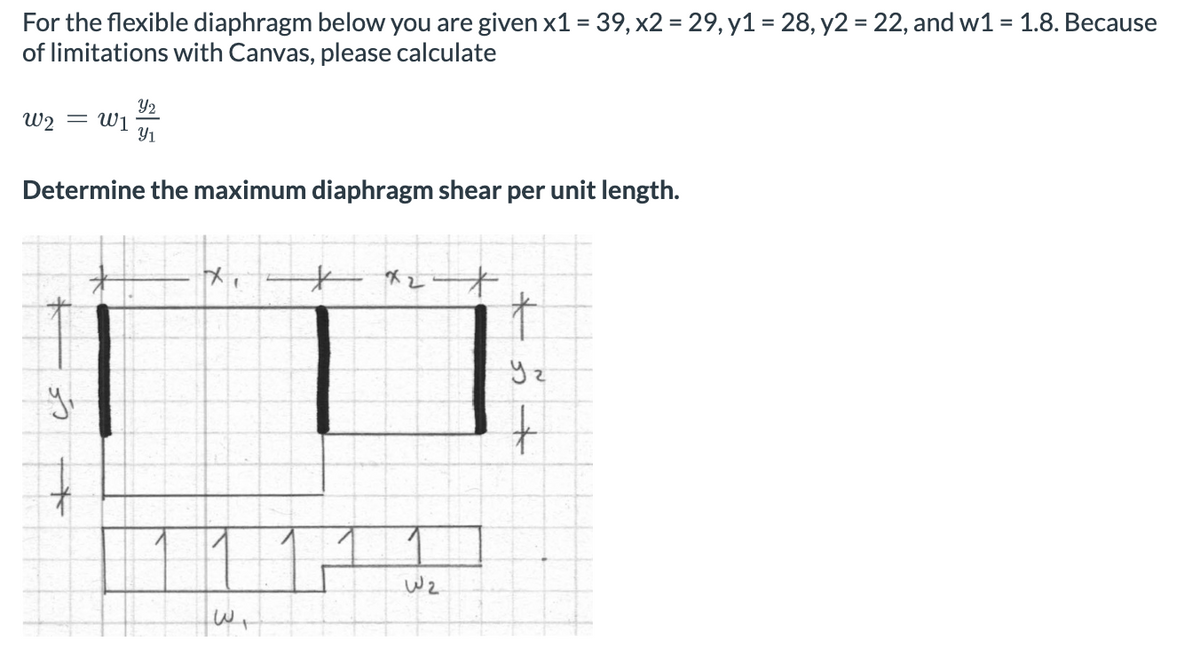 For the flexible diaphragm below you are given x1 = 39, x2 = 29, y1 = 28, y2 = 22, and w1 = 1.8. Because
of limitations with Canvas, please calculate
W2 =W1
Y2
Y1
Determine the maximum diaphragm shear per unit length.
y₁
x2+
W2
t
Уг