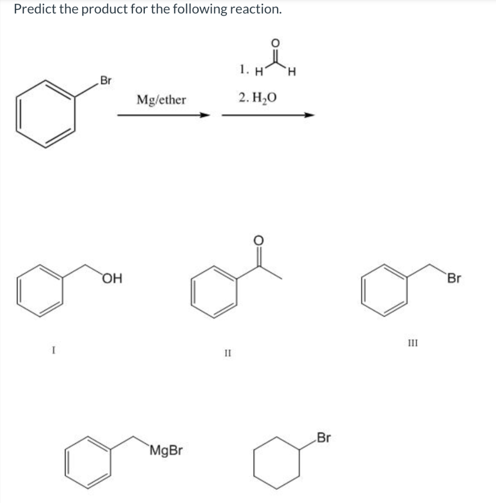 Predict the product for the following reaction.
Br
OH
Mg/ether
MgBr
II
1. H H
2. H₂0
Br
III
Br