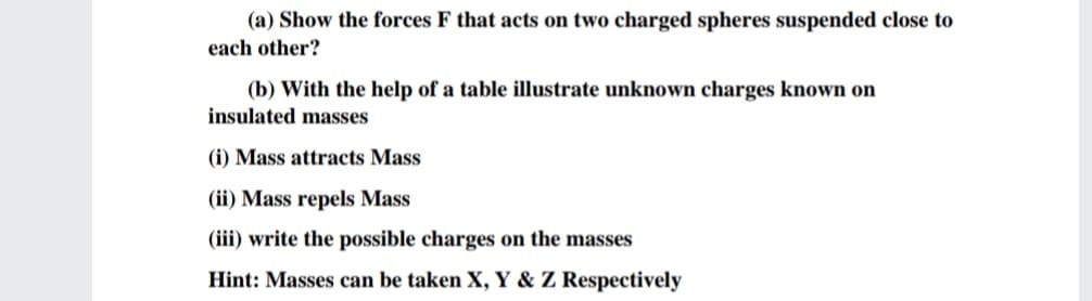 (a) Show the forces F that acts on two charged spheres suspended close to
each other?
(b) With the help of a table illustrate unknown charges known on
insulated masses
(i) Mass attracts Mass
(ii) Mass repels Mass
(iii) write the possible charges on the masses
Hint: Masses can be taken X, Y & Z Respectively
