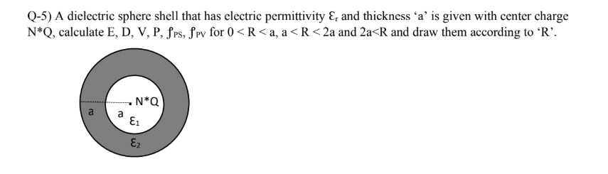 Q-5) A dielectric sphere shell that has electric permittivity &, and thickness 'a' is given with center charge
N*Q, calculate E, D, V, P, ƒrs, ƒrv for 0<R<a, a <R < 2a and 2a<R and draw them according to 'R'.
. N*Q
a
a
E1
E2
