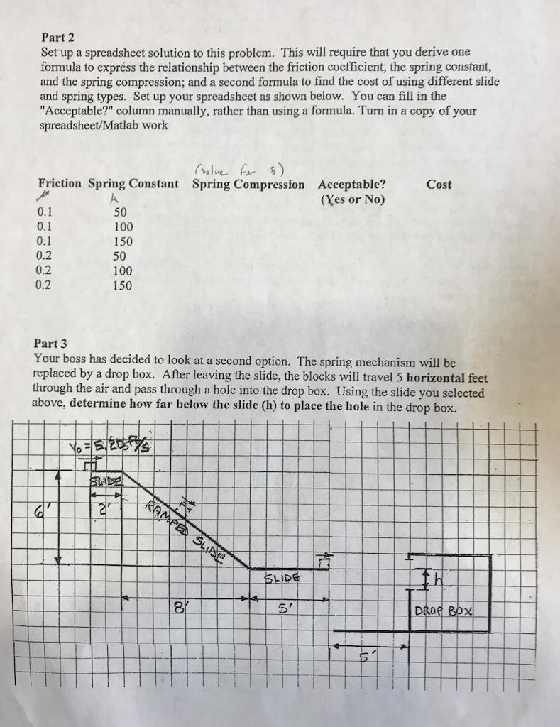 Part 2
Set up a spreadsheet solution to this problem. This will require that you derive one
formula to express the relationship between the friction coefficient, the spring constant,
and the spring compression; and a second formula to find the cost of using different slide
and spring types. Set up your spreadsheet as shown below. You can fill in the
"Acceptable?" column manually, rather than using a formula. Turn in a copy of your
spreadsheet/Matlab work
(solve for $)
Friction Spring Constant Spring Compression
M
k
0.1
0.1
0.1
0.2
0.2
0.2
50
100
150
50
100
150
4
Part 3
Your boss has decided to look at a second option. The spring mechanism will be
replaced by a drop box. After leaving the slide, the blocks will travel 5 horizontal feet
through the air and pass through a hole into the drop box. Using the slide you selected
above, determine how far below the slide (h) to place the hole in the drop box.
Yo = 5.2017/5
BLADE
2
RAMPE SLIDE
8⁰
SLIDE
Acceptable?
(Yes or No)
$'
Cost
51
In
DROP BOX