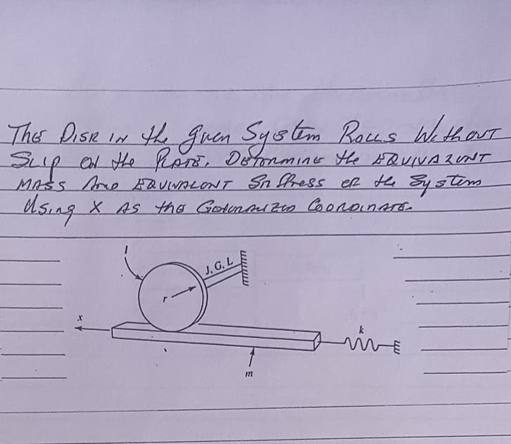 THE DISK IN the given System Raus Without
Sup on the PADE. DETorming the EQUIVARUNT
MASS AND EQUIVALONT Sn Stress eR the System
Using X As the Godmanzin COORDINATE.
J. G. L
111