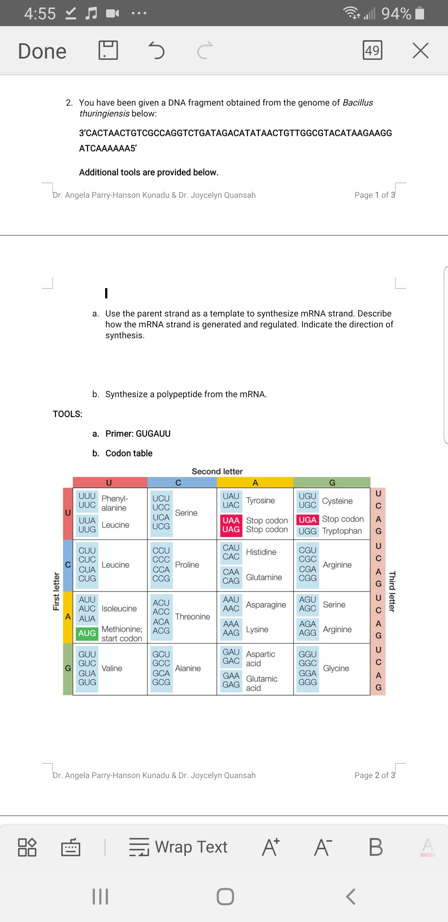 a. Use the parent strand as a template to synthesize mRNA strand. Describe
how the mRNA strand is generated and regulated. Indicate the direction of
synthesis.
b. Synthesize a polypeptide from the mRNA.
