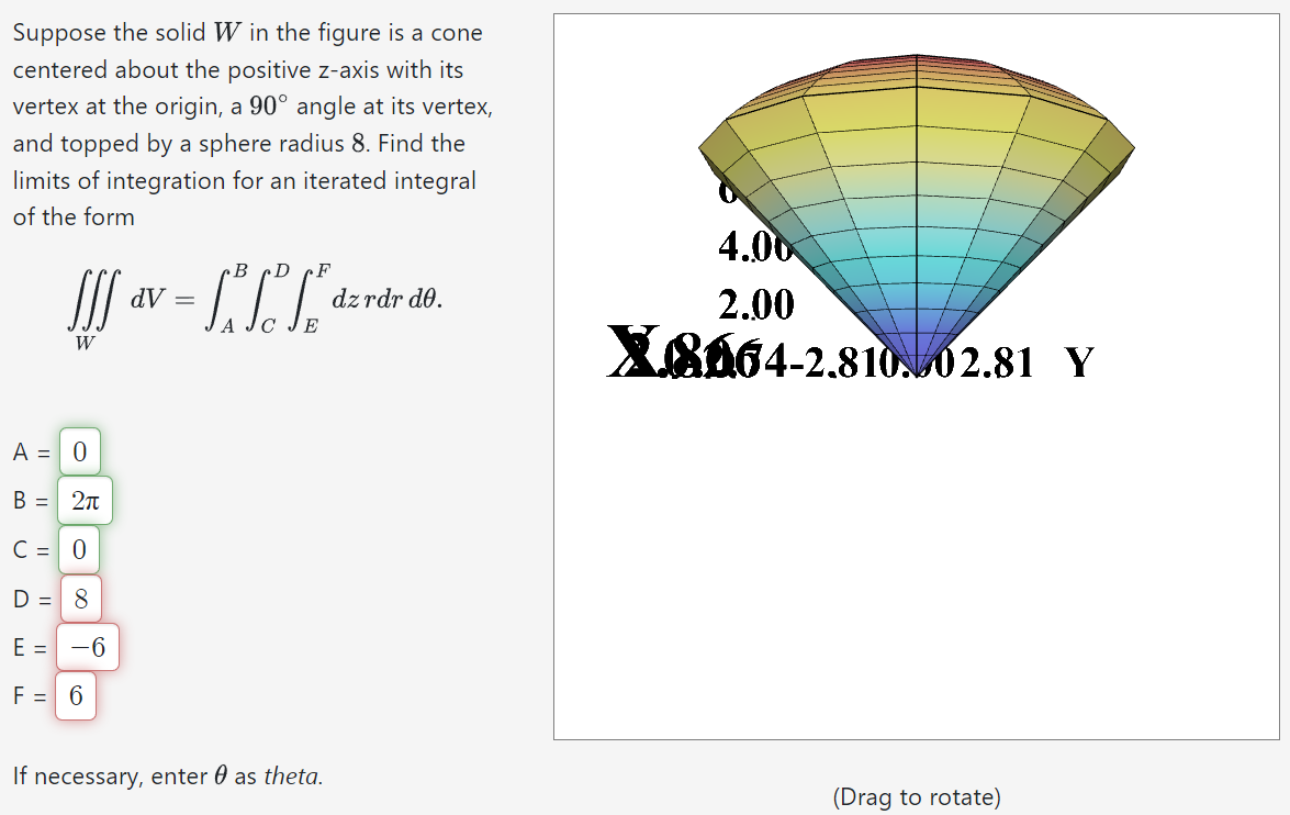 Suppose the solid W in the figure is a cone
centered about the positive z-axis with its
vertex at the origin, a 90° angle at its vertex,
and topped by a sphere radius 8. Find the
limits of integration for an iterated integral
of the form
B D F
!!! av = ["1" ["²"
с
E
W
A = 0
B = 2π
C =
0
D = 8
E =
F = 6
-6
If necessary, enter as theta.
dz rdr de.
4.00
2.00
Xa664-2.810.02.81 Y
(Drag to rotate)