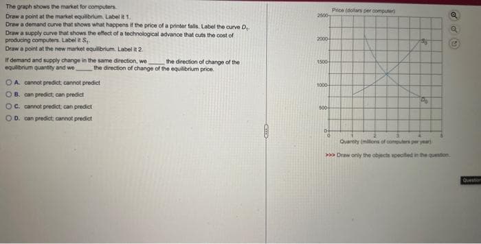 The graph shows the market for computers.
Draw a point at the market equilibrium. Label it 1.
Draw a demand curve that shows what happens if the price of a printer falls. Label the curve D..
Draw a supply curve that shows the effect of a technological advance that cuts the cost of
producing computers. Label it S..
Draw a point at the new market equilibrium. Label it 2.
If demand and supply change in the same direction, we
equilibrium quantity and we
the direction of change of the
the direction of change of the equilibrium price.
OA cannot predict cannot predict
OB. can predict; can predict
OC. cannot predict, can predict
OD. can predict cannot predict
2500-
2000+
1500-
1000-
500-
Price (dollars per computer)
04
35
Pa
Quantity (millions of computers per year
>>> Draw only the objects specified in the question
Q
G
Question
