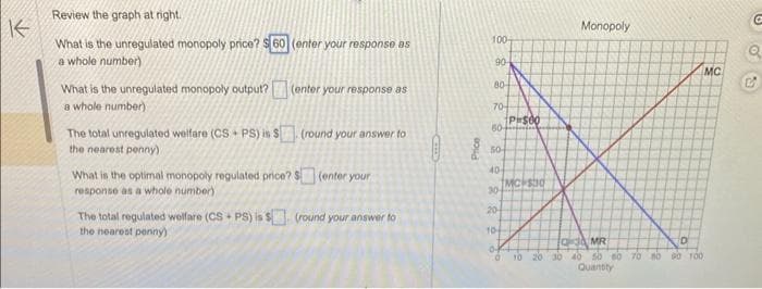 K
Review the graph at right.
What is the unregulated monopoly price? $60 (enter your response as
a whole number)
What is the unregulated monopoly output? (enter your response as
a whole number)
The total unregulated welfare (CS+PS) is $ (round your answer to
the nearest penny)
What is the optimal monopoly regulated price? $(enter your
response as a whole number)
The total regulated welfare (CS+ PS) is $ (round your answer to
the nearest penny)
Price
100-
90-
80-
70-
60-
50-
40-
30-
20-
10
0-
PHS00
MCS30
Monopoly
QAMR
10 20 30 40 50 60 70 80
Quantity
MC
90 100
C
Q
S
