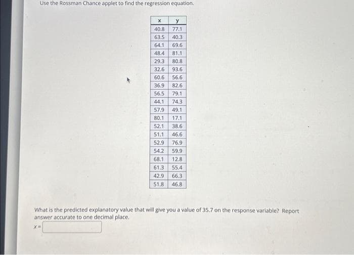 Use the Rossman Chance applet to find the regression equation.
X
y
40.8
77.1
63.5 40.3
64.1 69.6
48.4 81.1
29.3 80.8
32.6 93.6
60.6 56.6
36.9 82.6
56.5 79.1
44.1 74.3
57,9 49.1
80.1 17.1
52.1 38.6
51.1 46.6
52.9 76.9
54.2 59.9
68.1 12.8
61.3. 55.4
42.9
66.3
51.8
46.8
What is the predicted explanatory value that will give you a value of 35.7 on the response variable? Report
answer accurate to one decimal place.
X=