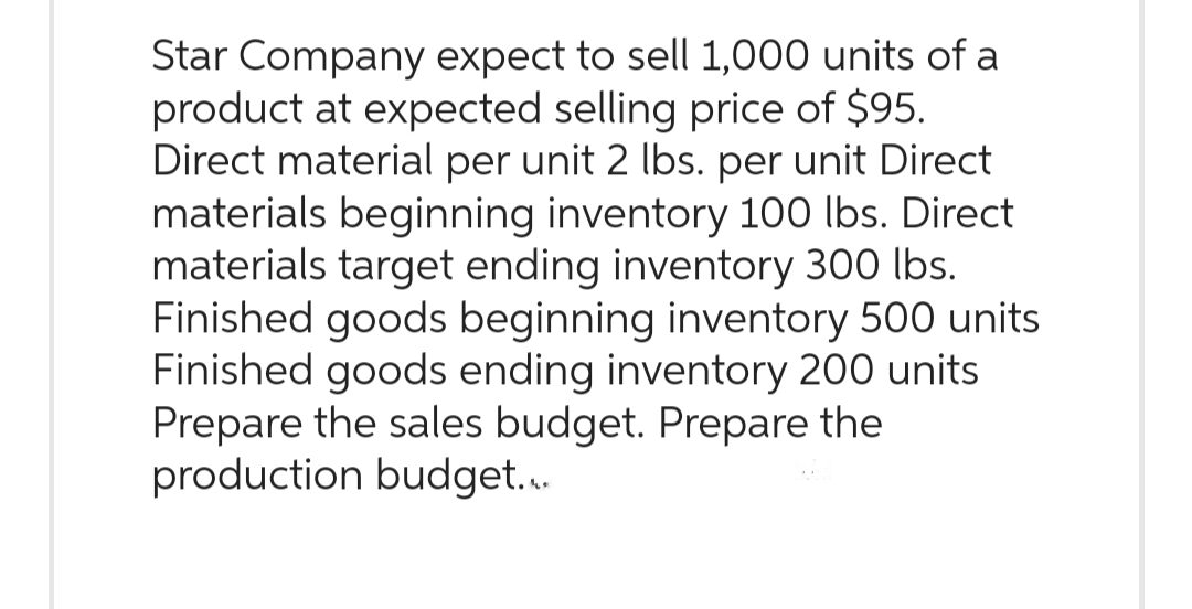 Star Company expect to sell 1,000 units of a
product at expected selling price of $95.
Direct material per unit 2 lbs. per unit Direct
materials beginning inventory 100 lbs. Direct
materials target ending inventory 300 lbs.
Finished goods beginning inventory 500 units
Finished goods ending inventory 200 units
Prepare the sales budget. Prepare the
production budget...