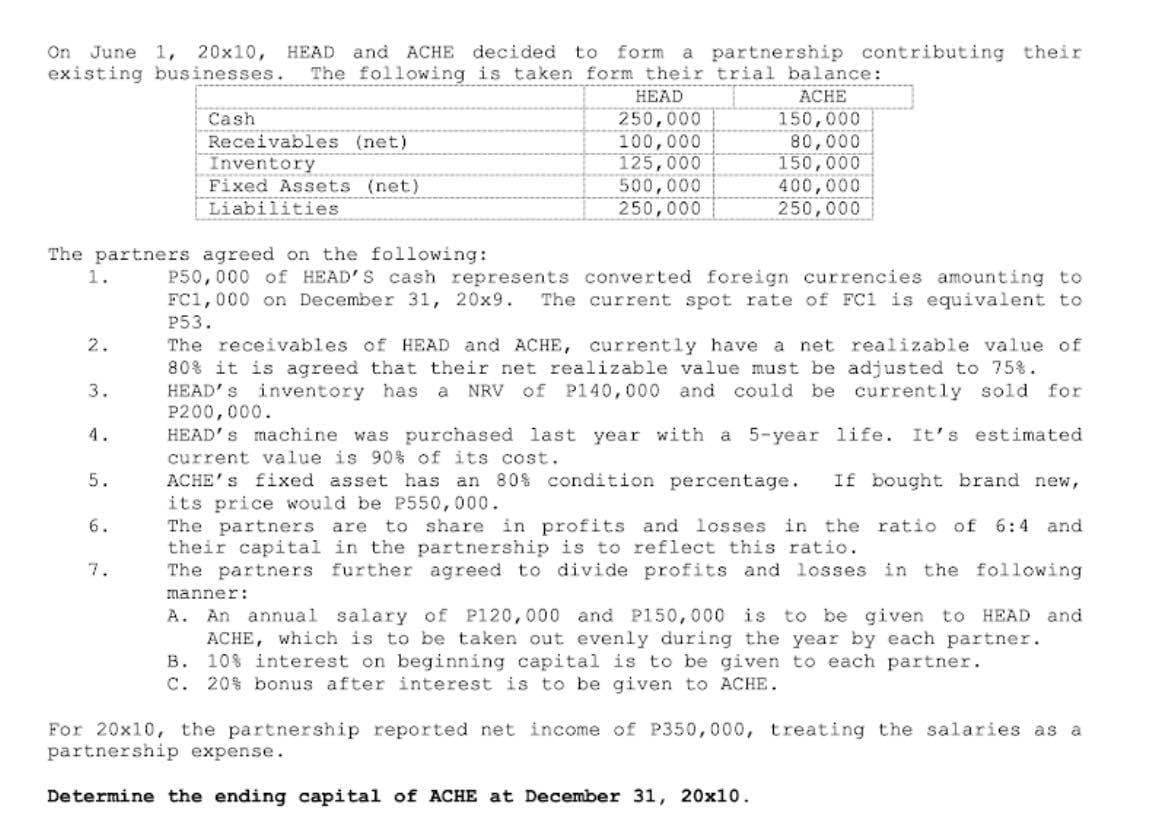 On June 1, 20x10, HEAD and ACHE decided to form a partnership contributing their
existing businesses. The following is taken form their trial balance:
HEAD
ACHE
Cash
150,000
250,000
100,000
Receivables (net)
80,000
Inventory
125,000
150,000
500,000
400,000
Fixed Assets (net)
Liabilities
250,000
250,000
The partners agreed on the following:
1.
P50,000 of HEAD'S cash represents converted foreign currencies amounting to
FC1, 000 on December 31, 20x9. The current spot rate of FC1 is equivalent to
P53.
2.
The receivables of HEAD and ACHE, currently have a net realizable value of
80% it is agreed that their net realizable value must be adjusted to 75%.
HEAD's inventory has a NRV of P140,000 and could be currently sold for
P200,000.
3.
life. It's estimated
HEAD's machine was purchased last year with a 5-year
current value is 90% of its cost.
5.
ACHE's fixed asset has an 80% condition percentage. If bought brand new,
its price would be P550,000.
6.
The partners are to share in profits and losses in the ratio of 6:4 and
their capital in the partnership is to reflect this ratio.
The partners further agreed to divide profits and losses in the following
manner:
A. An annual salary of P120,000 and P150,000 is to be given to HEAD and
ACHE, which is to be taken out evenly during the year by each partner.
B. 10% interest on beginning capital is to be given to each partner.
C. 20% bonus after interest is to be given to ACHE.
For 20x10, the partnership reported net income of P350,000, treating the salaries as a
partnership expense.
Determine the ending capital of ACHE at December 31, 20x10.