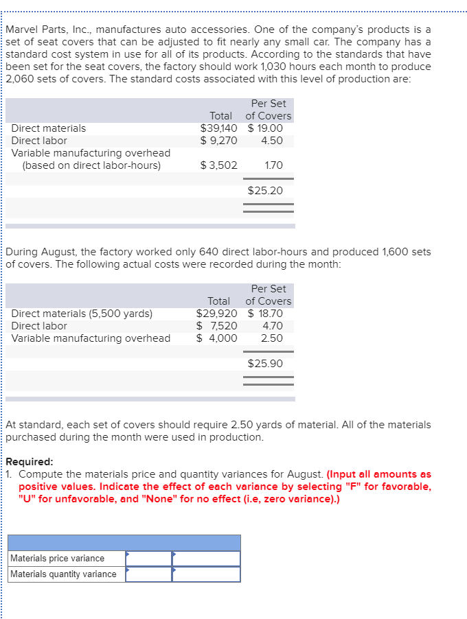 Marvel Parts, Inc., manufactures auto accessories. One of the company's products is a
set of seat covers that can be adjusted to fit nearly any small car. The company has a
standard cost system in use for all of its products. According to the standards that have
been set for the seat covers, the factory should work 1,030 hours each month to produce
2,060 sets of covers. The standard costs associated with this level of production are:
Per Set
Total of Covers
Direct materials
$39,140 $ 19.00
Direct labor
$ 9,270
4.50
Variable manufacturing overhead
(based on direct labor-hours)
$ 3,502
1.70
$25.20
