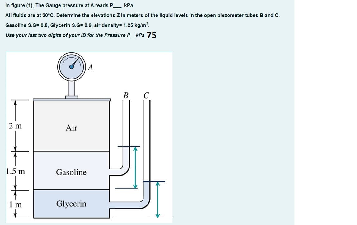 In figure (1), The Gauge pressure at A reads P kPa.
All fluids are at 20°C. Determine the elevations Z in meters of the liquid levels in the open piezometer tubes B and C.
Gasoline S.G= 0.8, Glycerin S.G= 0.9, air density= 1.25 kg/m3.
Use your last two digits of your ID for the Pressure P_kPa 75
A
В
2 m
Air
1.5 m
Gasoline
1 m
Glycerin
