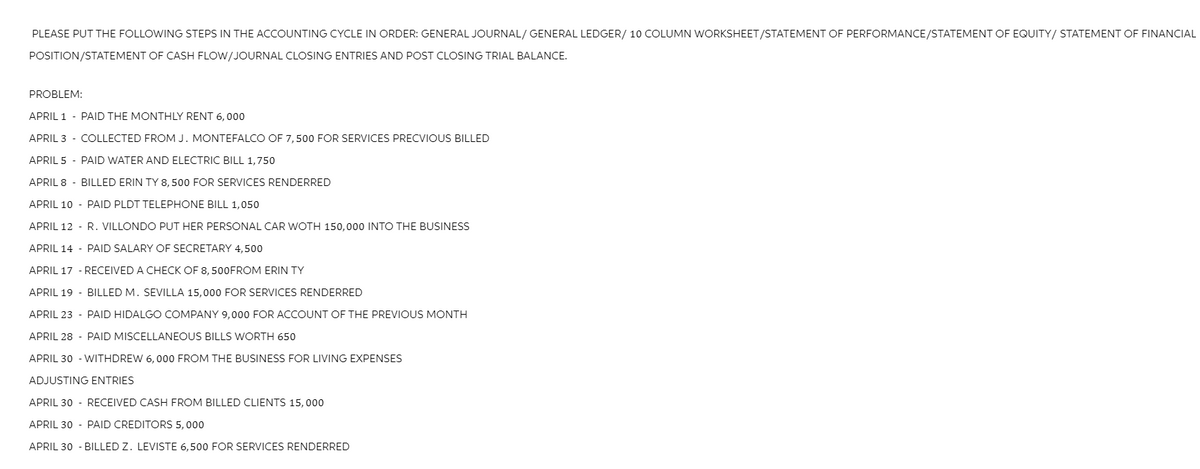 PLEASE PUT THE FOLLOWING STEPS IN THE ACCOUNTING CYCLE IN ORDER: GENERAL JOURNAL/GENERAL LEDGER/ 10 COLUMN WORKSHEET/STATEMENT OF PERFORMANCE/STATEMENT OF EQUITY/STATEMENT OF FINANCIAL
POSITION/STATEMENT OF CASH FLOW/JOURNAL CLOSING ENTRIES AND POST CLOSING TRIAL BALANCE.
PROBLEM:
APRIL 1- PAID THE MONTHLY RENT 6,000
APRIL 3 - COLLECTED FROM J. MONTEFALCO OF 7,500 FOR SERVICES PRECVIOUS BILLED
APRIL 5 - PAID WATER AND ELECTRIC BILL 1,750
APRIL 8 - BILLED ERIN TY 8, 500 FOR SERVICES RENDERRED
APRIL 10 - PAID PLDT TELEPHONE BILL 1,050
APRIL 12 - R. VILLONDO PUT HER PERSONAL CAR WOTH 150,000 INTO THE BUSINESS
APRIL 14 - PAID SALARY OF SECRETARY 4,500
APRIL 17 - RECEIVED A CHECK OF 8,500 FROM ERIN TY
APRIL 19 - BILLED M. SEVILLA 15,000 FOR SERVICES RENDERRED
APRIL 23 - PAID HIDALGO COMPANY 9,000 FOR ACCOUNT OF THE PREVIOUS MONTH
APRIL 28 - PAID MISCELLANEOUS BILLS WORTH 650
APRIL 30 - WITHDREW 6,000 FROM THE BUSINESS FOR LIVING EXPENSES
ADJUSTING ENTRIES
APRIL 30 - RECEIVED CASH FROM BILLED CLIENTS 15,000
APRIL 30 - PAID CREDITORS 5,000
APRIL 30 - BILLED Z. LEVISTE 6,500 FOR SERVICES RENDERRED